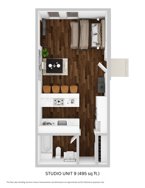 Floor plan for studio, 1 bath, 406 sqft